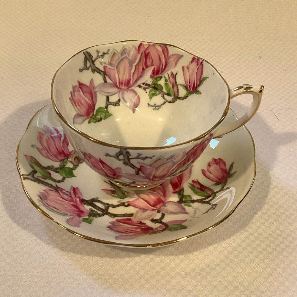 Vintage Roslyn “Magnolia”  Tea Cup and Saucer Bone China Grannycore Porcelain